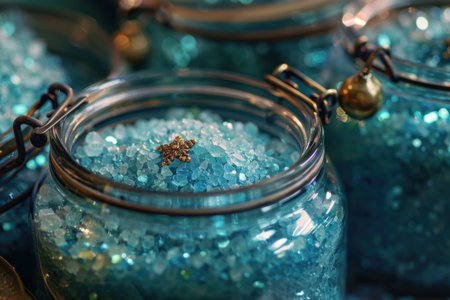A close-up of shimmering bath salts in elegantly designed jars, adorned with rustic charms, ready to transform any bath into a spa experienceの素材