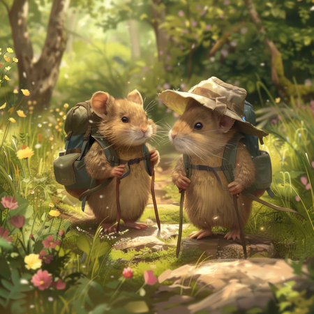 Cute animals on a summer adventure, hiking through lush trails and stopping to admire the scenery, equipped with little backpacks and hatsの素材