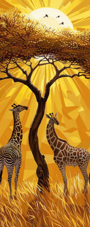 Networking event on the savannah, zebras and giraffes exchanging business cards, acacia tree shadeの素材