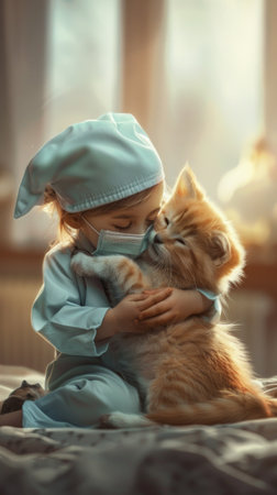 An adorable scene of a kitten nurse taking care of a puppy patient, symbolizing care and compassion on International Nurses Dayの素材