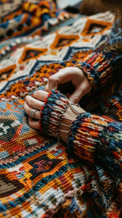 An artisans hands at work, crocheting intricate patterns into a cozy afghan, showcasing the warmth of handmade textilesの素材