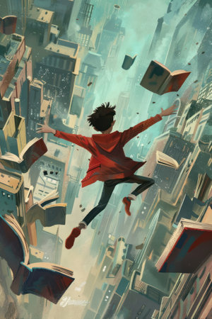 Illustrators bringing stories to life on Childrens Book Day, with kids watching in awe as characters leap off the pagesの素材