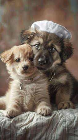 An adorable scene of a kitten nurse taking care of a puppy patient, symbolizing care and compassion on International Nurses Dayの素材