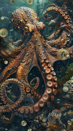 In the depths of the digital sea an octopus trades Bitcoin its tentacles entwined around symbols of finance and technologyの素材