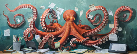 Organized and helpful octopus at work using its tentacles for efficient multitasking and friendly office assistanceの素材