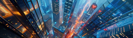 Skyscrapers equipped with the latest technology serve as beacons of innovation and enlightenment connecting us to the cosmosの素材
