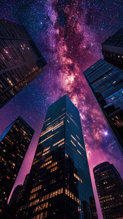 In the heart of the city skyscrapers lit with innovative technology mirror the enlightenment found in the cosmosの素材