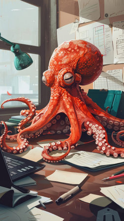 Organized and helpful octopus at work using its tentacles for efficient multitasking and friendly office assistanceの素材