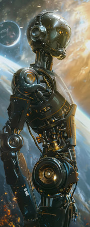 In a realm of unseen mysteries a robot on a starship wields hitech gadgets unveiling the secrets of the cosmosの素材