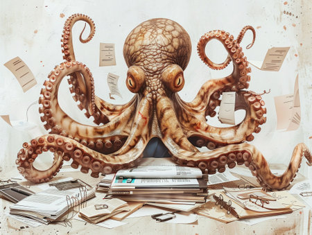 Helpful octopus in office attire tentacles managing a flurry of tasks embodying peak efficiency organization and friendlinessの素材