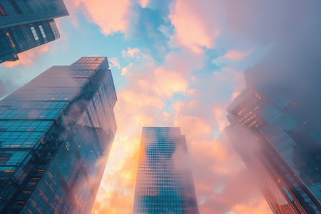 Dawn in the city white clouds painted with sunrise hues casting a soft glow on the streets belowの素材