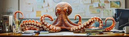 Dynamic office scene with a smiling octopus masterfully balancing a spectrum of tasks a beacon of multitasking prowessの素材
