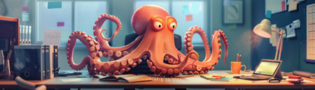 Dynamic office scene with a smiling octopus masterfully balancing a spectrum of tasks a beacon of multitasking prowessの素材