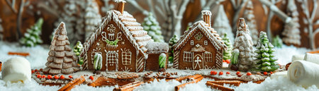Gingerbread cottages nestled in a forest glade surrounded by mint stick trees and marshmallow bushesの素材