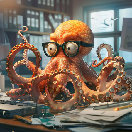 Animated octopus in glasses gleefully managing office chaos tentacles spread wide balancing work with grace and humorの素材