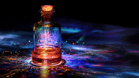 A tincture bottle fresh with fiery essence casts an iridescent holographic reflection merging science and magicの素材