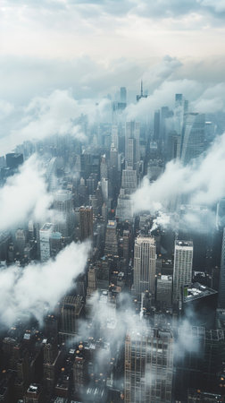 A cityscape enveloped in fog white clouds mingling with skyscrapers a scene of serene beautyの素材