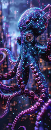 A cybernetic octopus tentacles interfaced with blockchain technology dominating Bitcoin trade in a futuristic marketplaceの素材