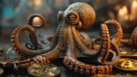 An octopus managing a business empire tentacles juggling Bitcoins and trade charts a master of cryptocurrencyの素材