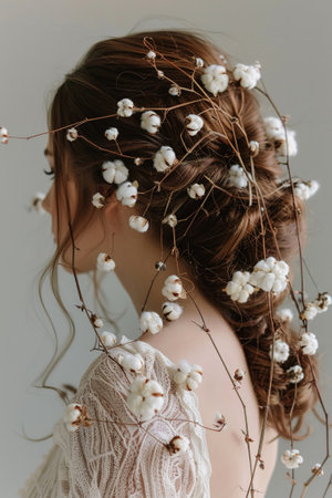 A womans hair adorned with cotton flowers a fusion of natural elements creating a serene ethereal lookの素材