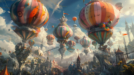 An awakening in a surreal festival where giant colorful balloons float above bending realitys fabricの素材