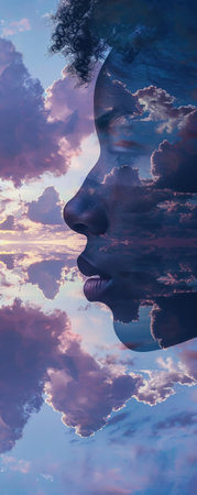 A peaceful moment hair and clouds reflected in still water creating a symphony of tranquility and reflectionの素材