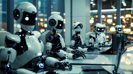 A team of robots humorously attempting human productivity hacks with one acting as a flustered secretary all in a hightech officeの素材
