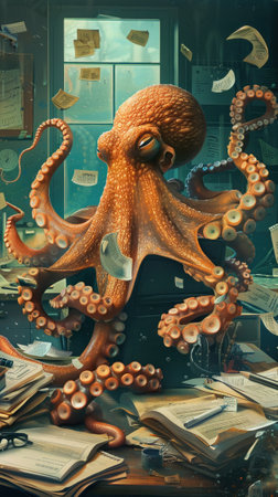 An octopus at the helm of a busy office smiling as it juggles tasks with its tentacles a symbol of ultimate assistance and efficiencyの素材