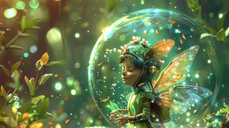 A cute fairy explores the universal mysteries adorned in a clear helmet in a whimsical illustrationの素材