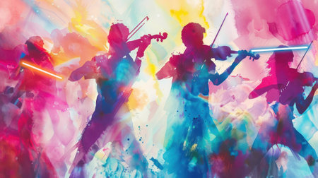 A vibrant watercolor illustration showcasing a hitech economy where a group of musicians wield lightsabers symbolizing harmony and innovationの素材
