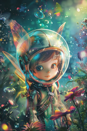 A whimsical illustration of a cute fairy in a clear helmet traversing the universal expanse with curiosityの素材