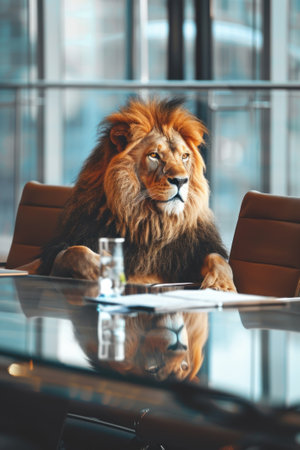 Boardroom battle lion presenting bitcoin plan strategy unfoldsの素材