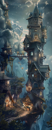 Swirling towers and cute cottages in a fantasy world where architecture dreams of touching the stars aboveの素材