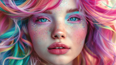 Woman with candycolored hair cute expressions vibrant and sweetの素材