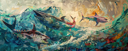 A lively depiction of the sea where a triad of tunas leap in harmony reflecting the circus of marine life independent and freeの素材