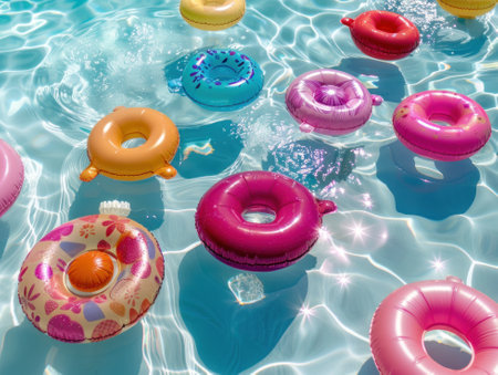 Bright inflatable toys bobbing on crystalclear pool waters surrounded by a lively party atmosphere sunbathing and gamesの素材