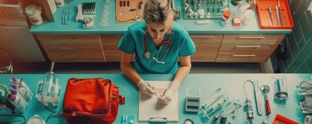 Focus and dedication shine as a nurse crafts prescription orders surrounded by her indispensable medical bag and a spectrum of physical therapy instrumentsの素材