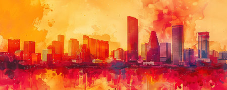 Fiery red aura over hitech skyline vibrant watercolor effectの素材