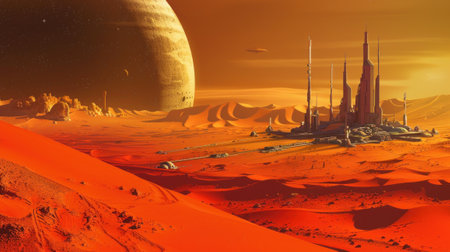 Future minimalist Mars base starship shadow over red dunes soft drink oasisの素材