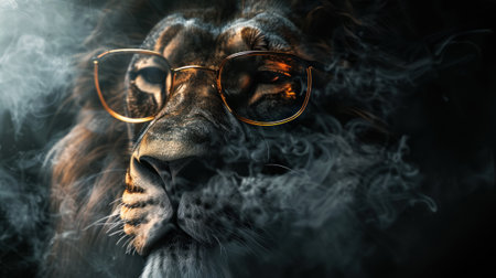 Artistic render of a lion wearing glasses enveloped in smoke deeply engaged in a strategic meeting leadership auraの素材