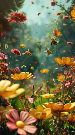 Animated scene of a lush garden bees flying from flower to flower pollination in action vibrant and dynamicの素材