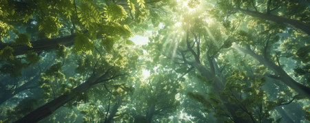 A forest canopy from below sunlight weaving through foliage creating a peaceful immersive natural landscapeの素材