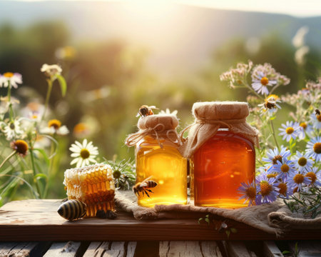 Artisanal honey products displayed on a rustic wooden table surrounded by wildflowers and bees warm sunlightの素材