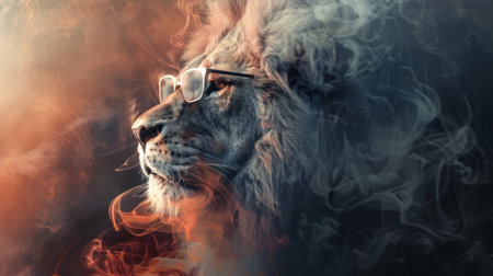 Artistic render of a lion wearing glasses enveloped in smoke deeply engaged in a strategic meeting leadership auraの素材
