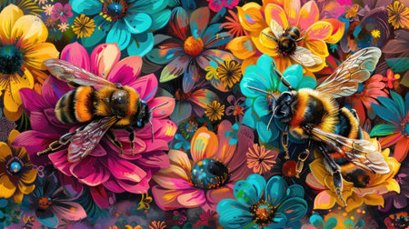 Animated scene of a lush garden bees flying from flower to flower pollination in action vibrant and dynamicの素材