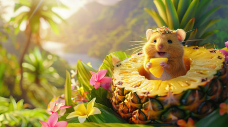 Vibrant painting of a hamster amidst a pile of juicy pineapple slices capturing the essence of summer refreshmentの素材