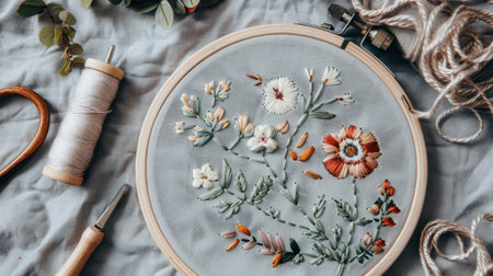 Clean and chic embroidery art featuring minimalist botanical and geometric designs for elegant simplicityの素材