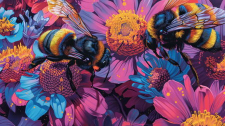 Animated scene of a lush garden bees flying from flower to flower pollination in action vibrant and dynamicの素材