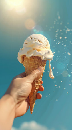 Close-up of a hand holding a vanilla soft serve ice cream cone against a clear blue sky.の素材