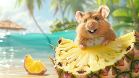Vibrant painting of a hamster amidst a pile of juicy pineapple slices capturing the essence of summer refreshmentの素材